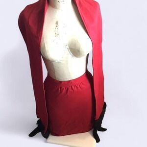 Red Rapsini Vintage 3 Piece Wool Red Cape, Red Skirt, Accent Fur Red Scarf.